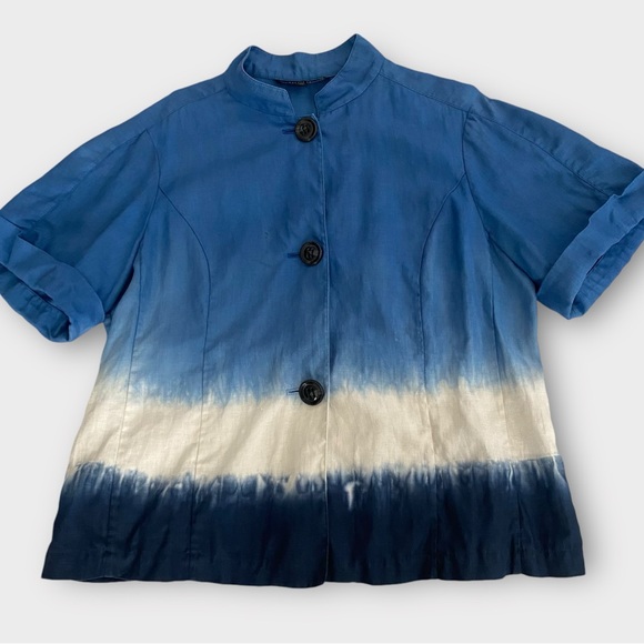 Lafayette 148 New York Short Sleeve Shirt Jacket Size 14 100% Linen Tie Dye - Picture 2 of 13